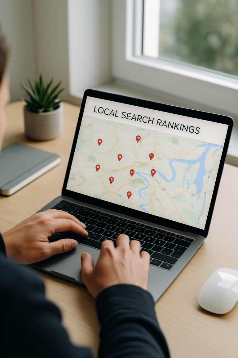 Reviewing local search rankings on a laptop showing suburban Brisbane map results