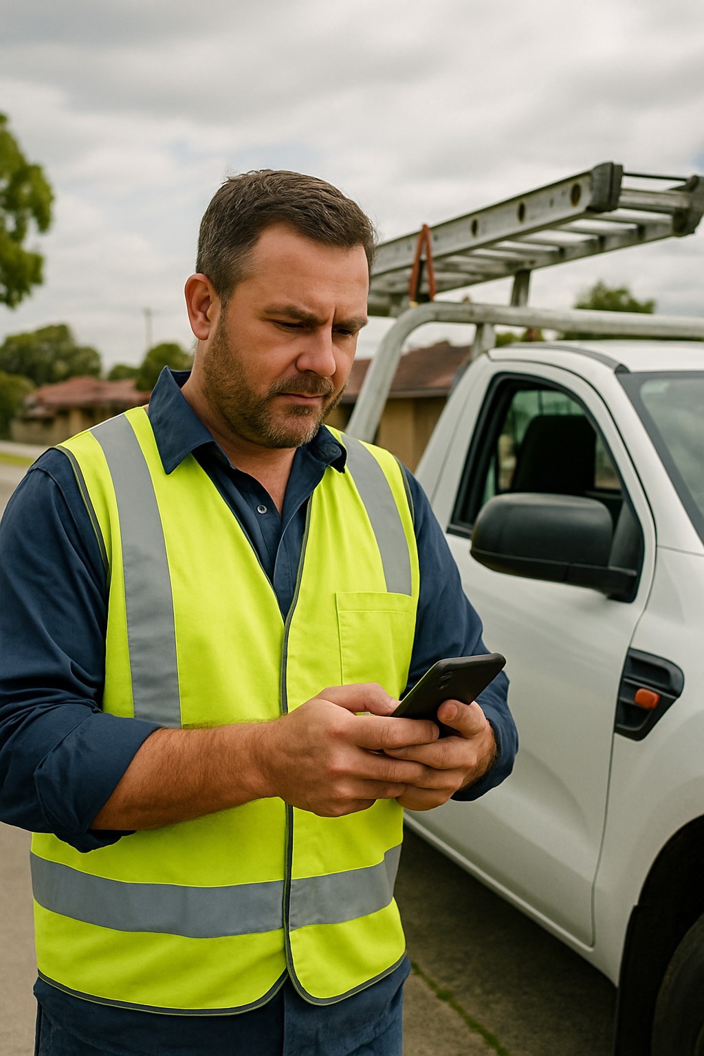 Brisbane tradesperson checking smartphone next to work ute