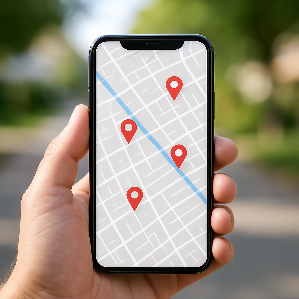 Smartphone showing local search results with map pins for suburban areas